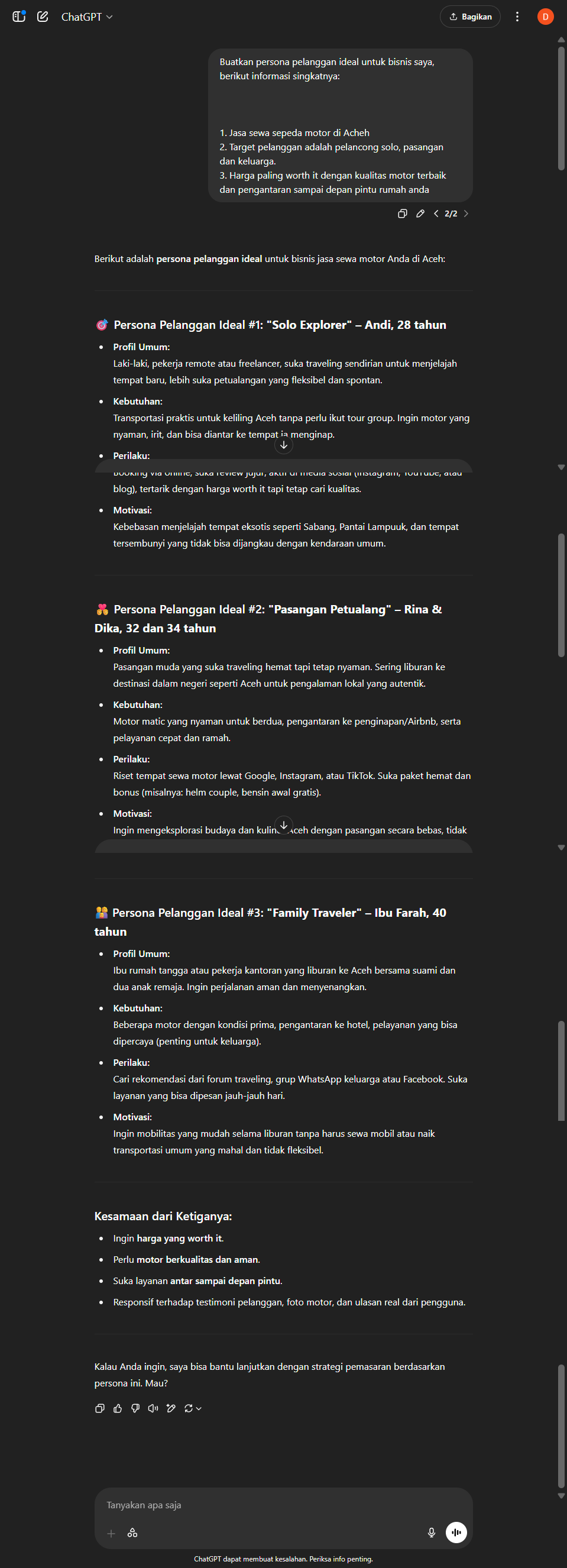Bayu - Ideal Customer Persona ChatGPT output