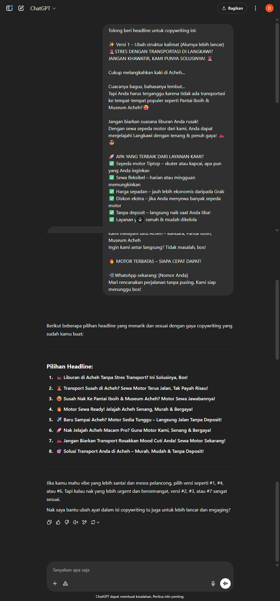 Kirana - Brainstormer Headline ChatGPT output