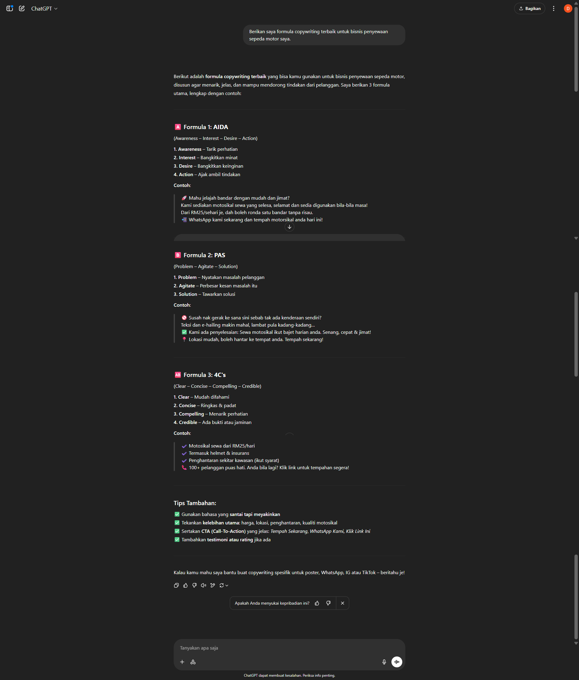 Rendra - Formula Copywriting ChatGPT output