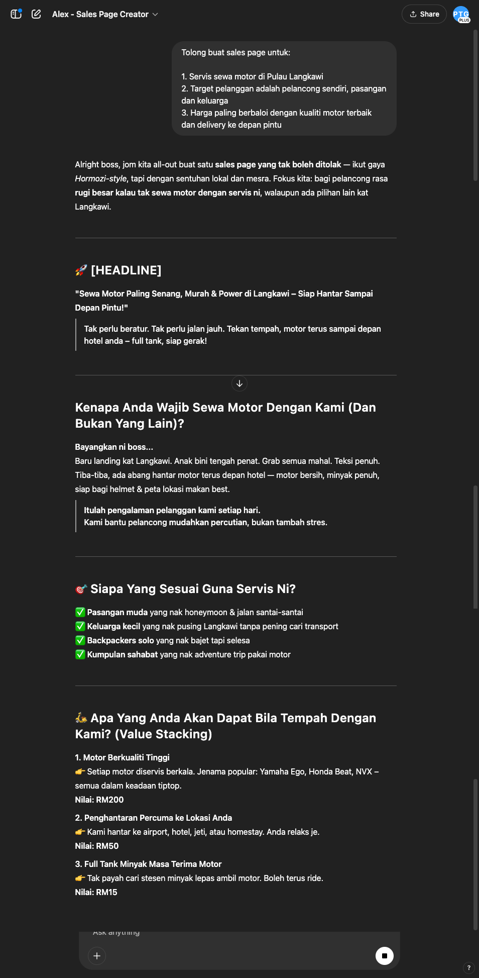 Alex - Sales Page Creator Pekerja output